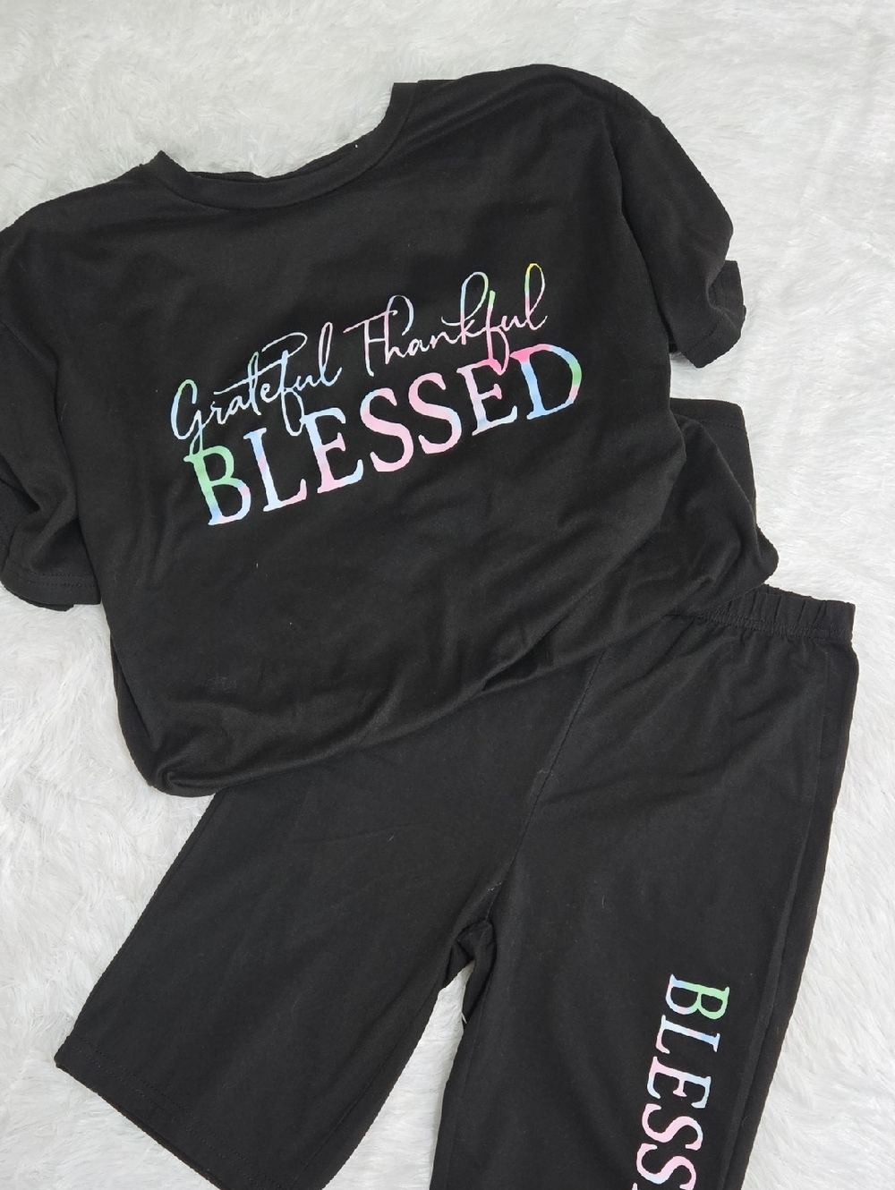 Women’s Black ‘Blessed’ Bermuda Shorts And Tee Shirt - Rainbow Script